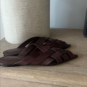 SCHUTZ Rich Brown Woven Leather Slides